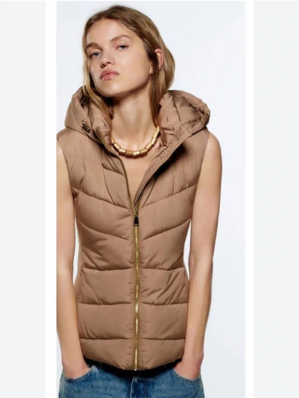 Zara sleeveless Puffer Vest in Camel with Hood